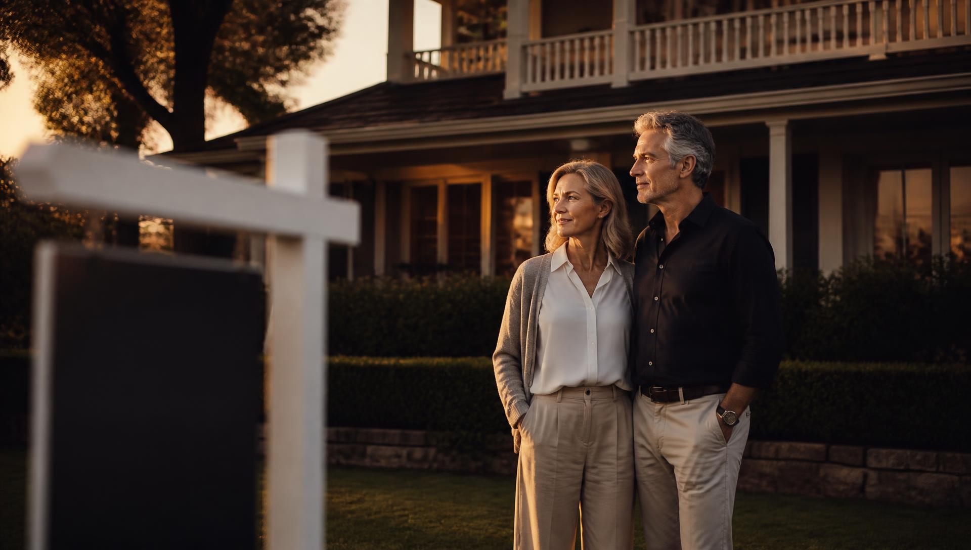 Mature Australian couple outside their established family home at golden hour