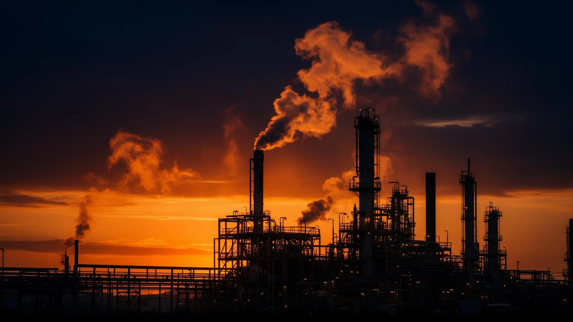 Refinery silhouetted against an orange sunset, evoking spiking global commodity prices