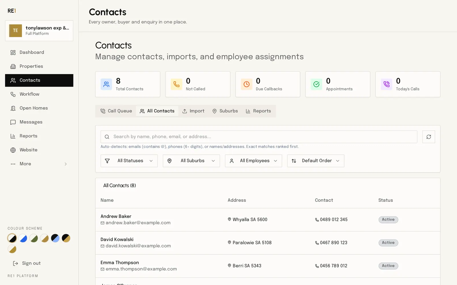 RE1 contacts workspace populated with example buyer and vendor contacts