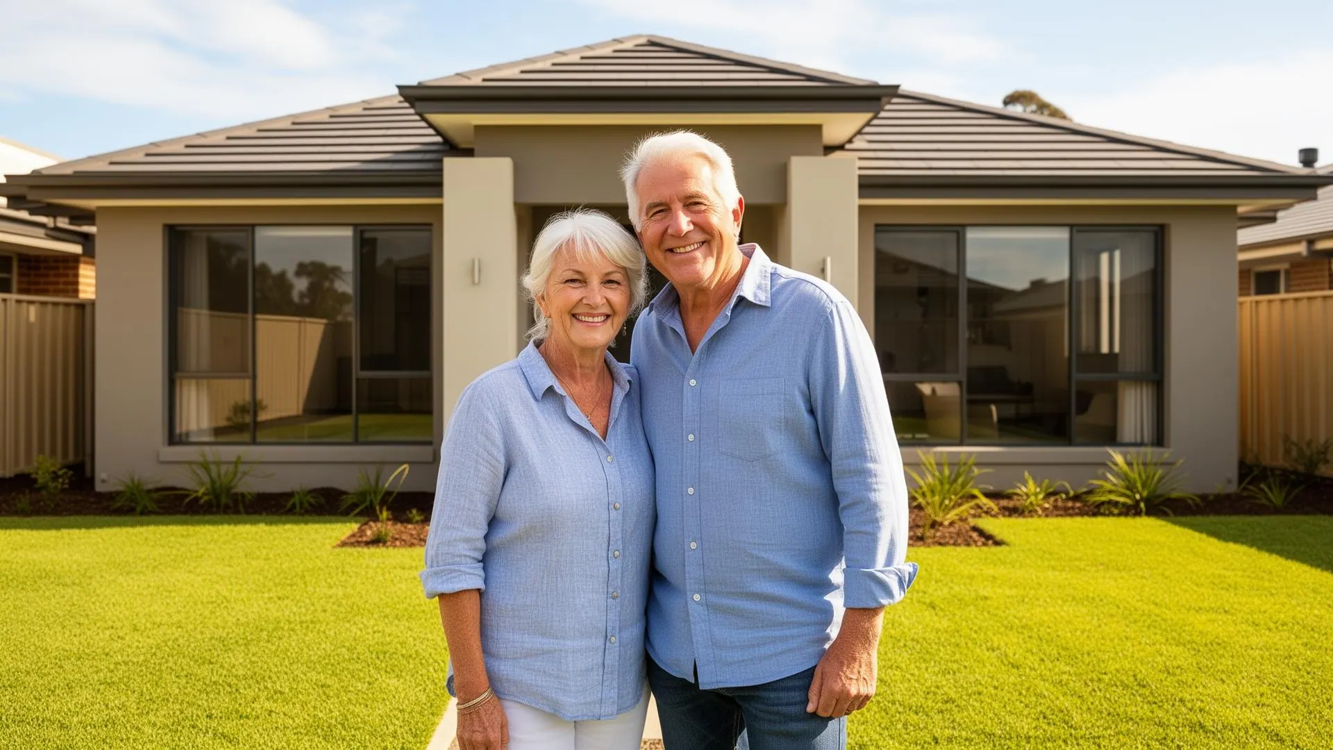 Happy mature couple standing in front of their brand new Australian home