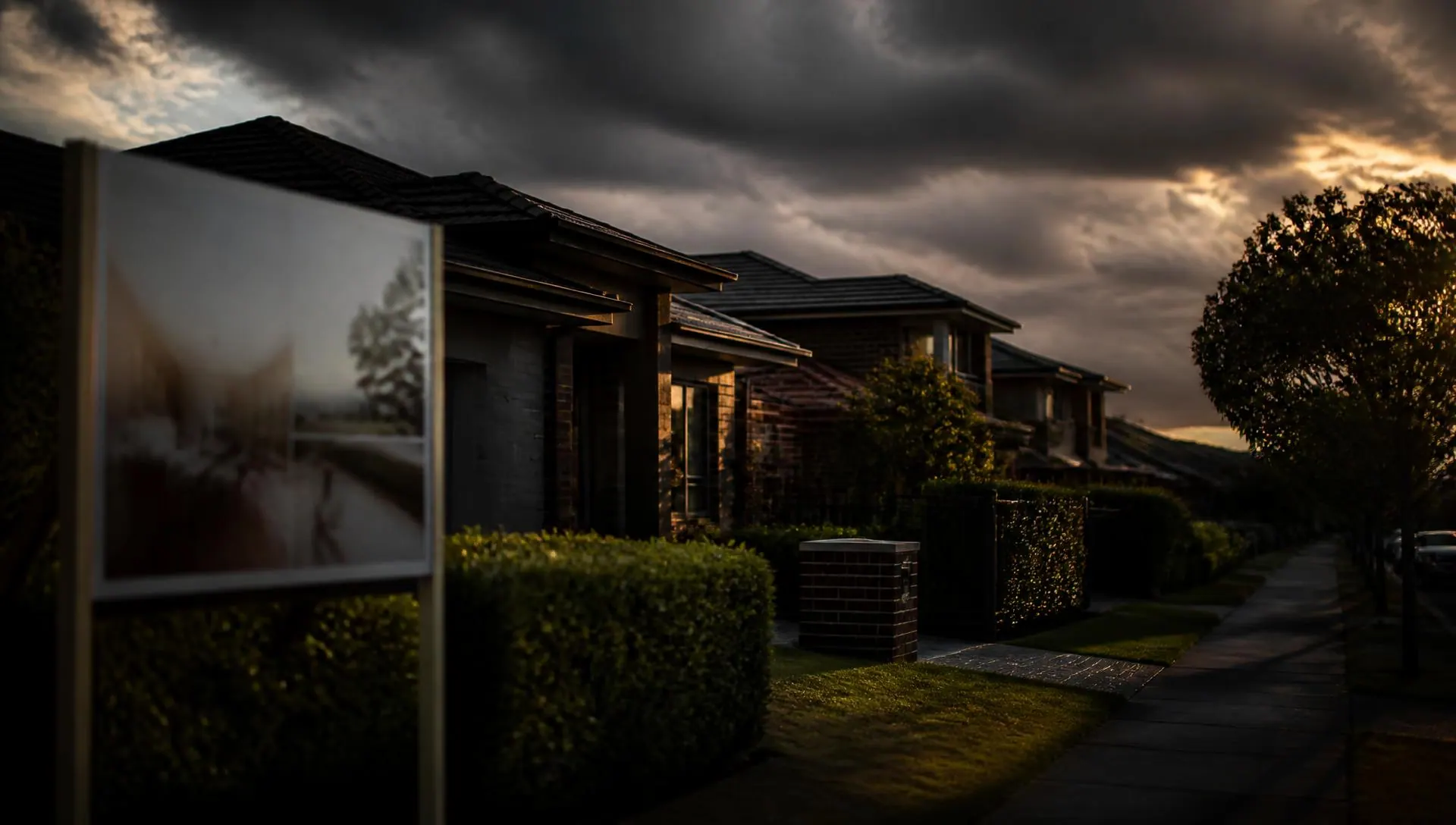 Australian suburban street at dusk under heavy cloud with a for sale sign in the foreground