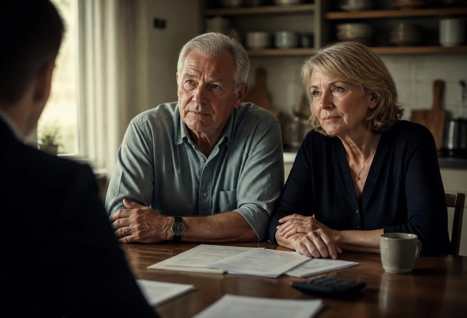 An older couple sitting at their kitchen table reviewing sale documents with an agent