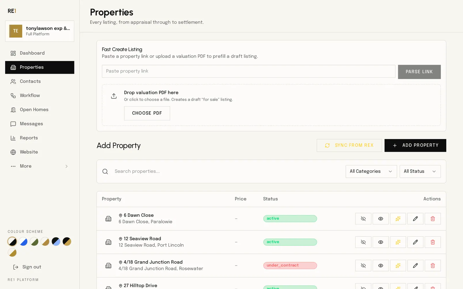 RE1 property workspace populated with example listings