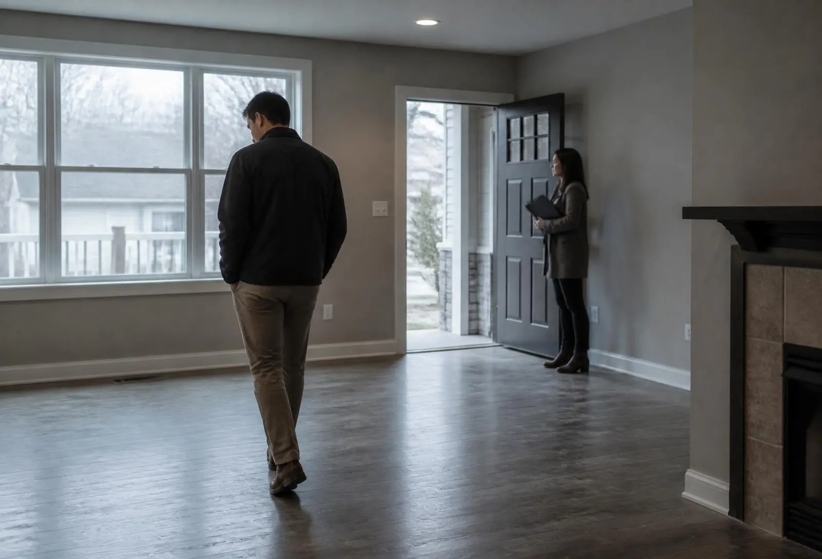 A single buyer walking through an empty living room at a quiet open inspection