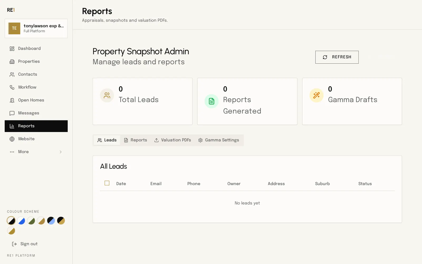RE1 reports workspace populated with example appraisals and vendor updates